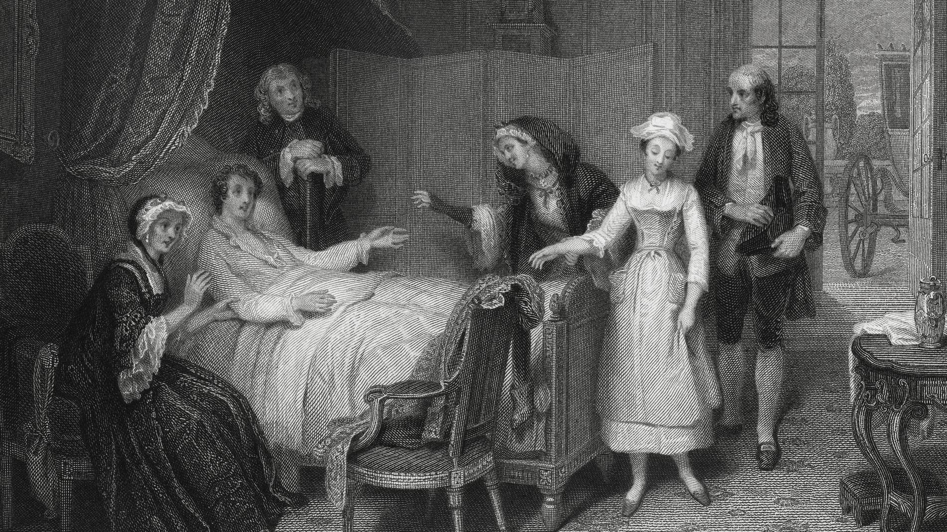 Un hombre recibe la visita de mujeres mientras está tendiedo en su cama