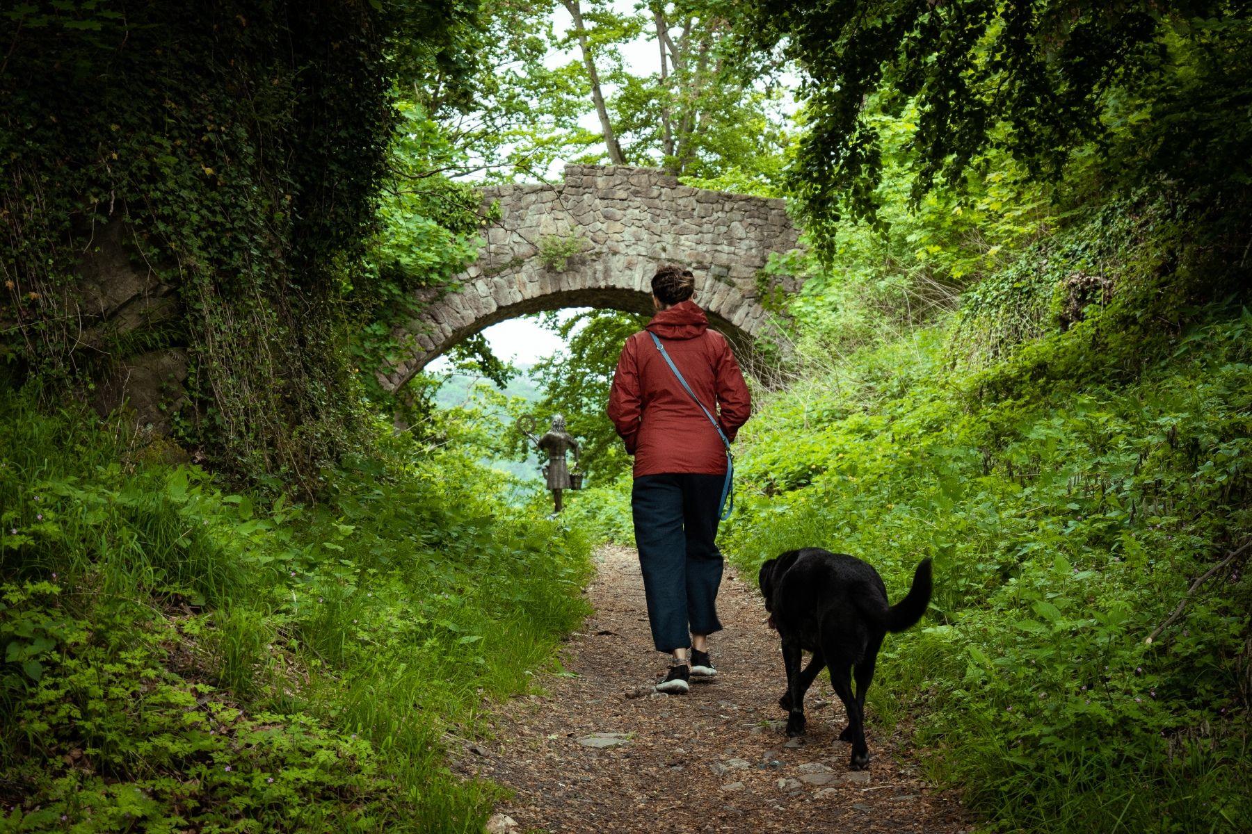 Adriana P camina por un sendero seguida de un perro