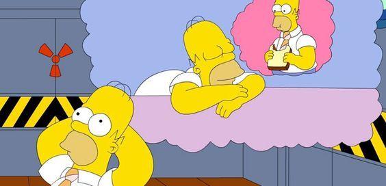 Homero Simpons soñando con los ojos abiertos que está durmiendo y soñando con comer