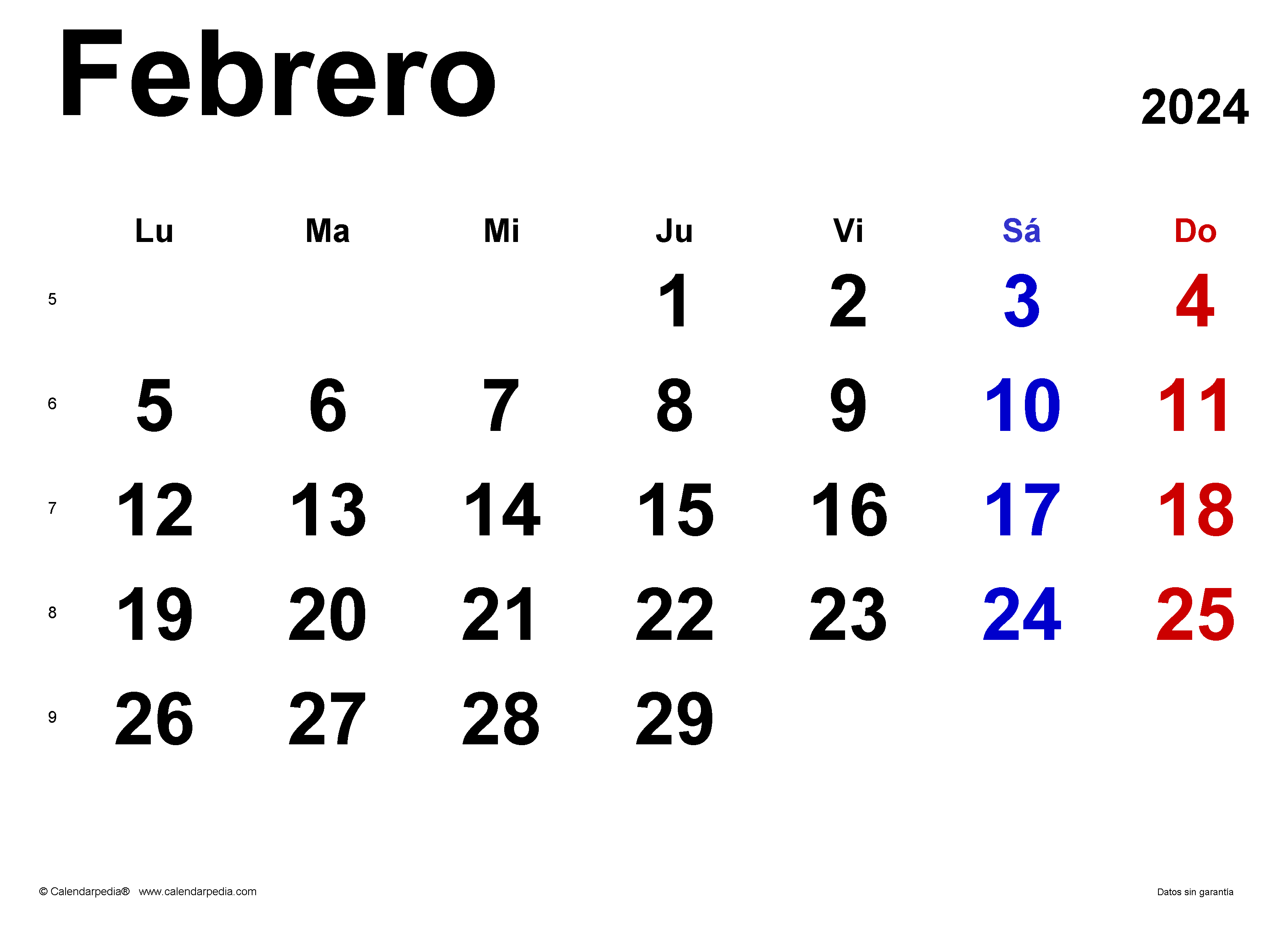 Calendario de febrero.