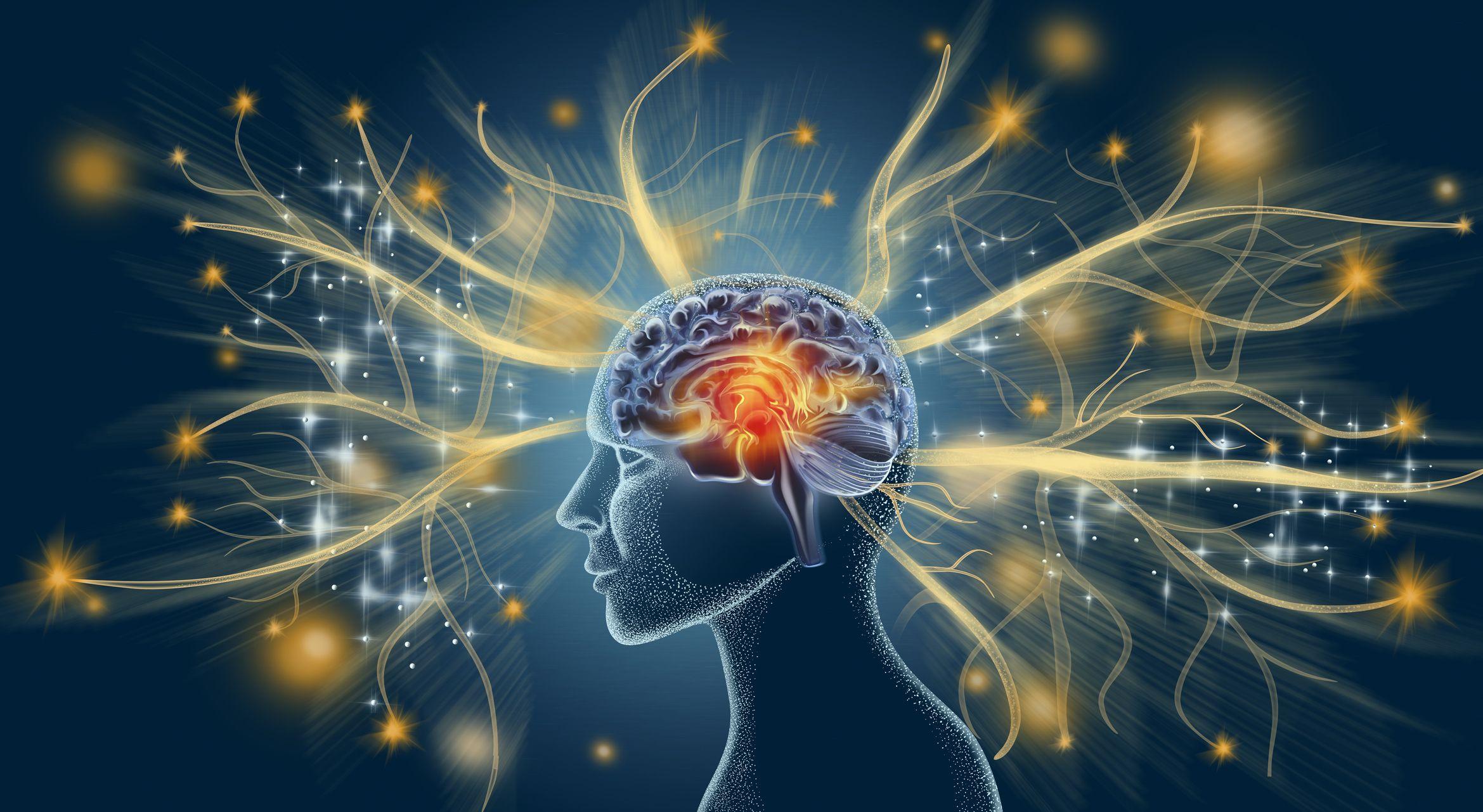 Ilustración de un cerebro del que salen haces de luz.