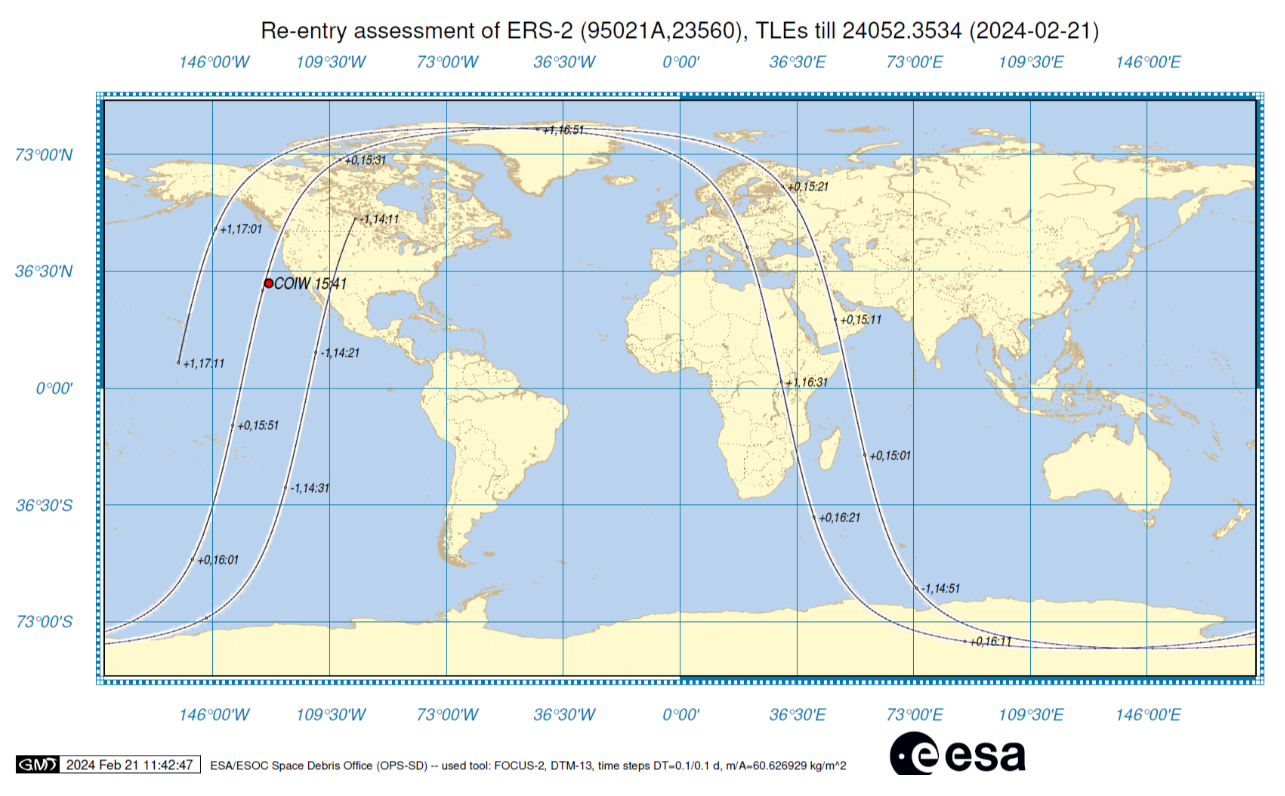 Mapa de la caída de la ESA del satélite.