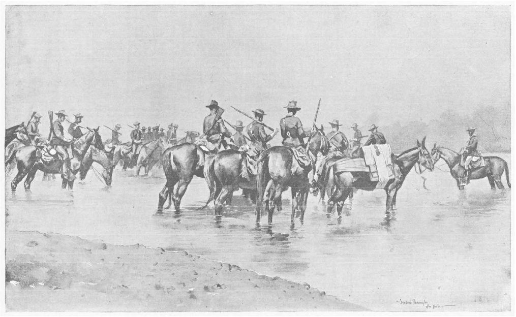 Grupo de hombres armados a caballo.