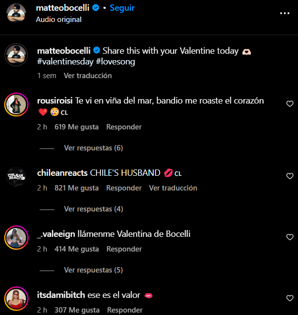 Comentarios de fanáticas chilenas en el instragram de Matteo Bocelli