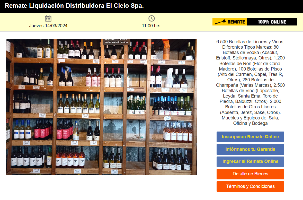 os productos disponibles son 6.500 botellas de alcohol