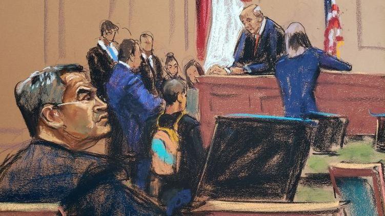 Dibujo de Juan Orlando Hernández durante su juicio en Nueva York