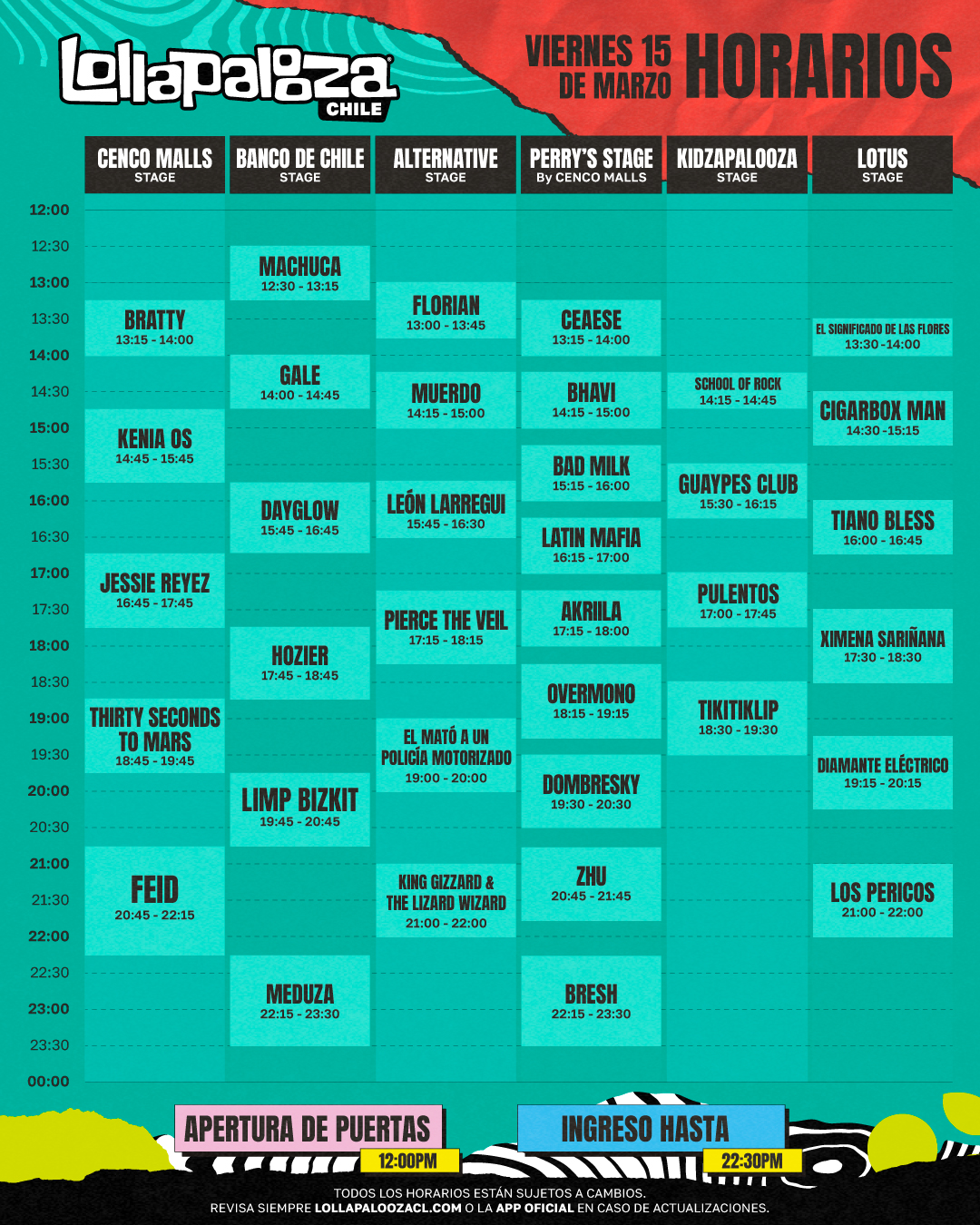 Horarios de Lollapalooza día viernes 15 de marzo.