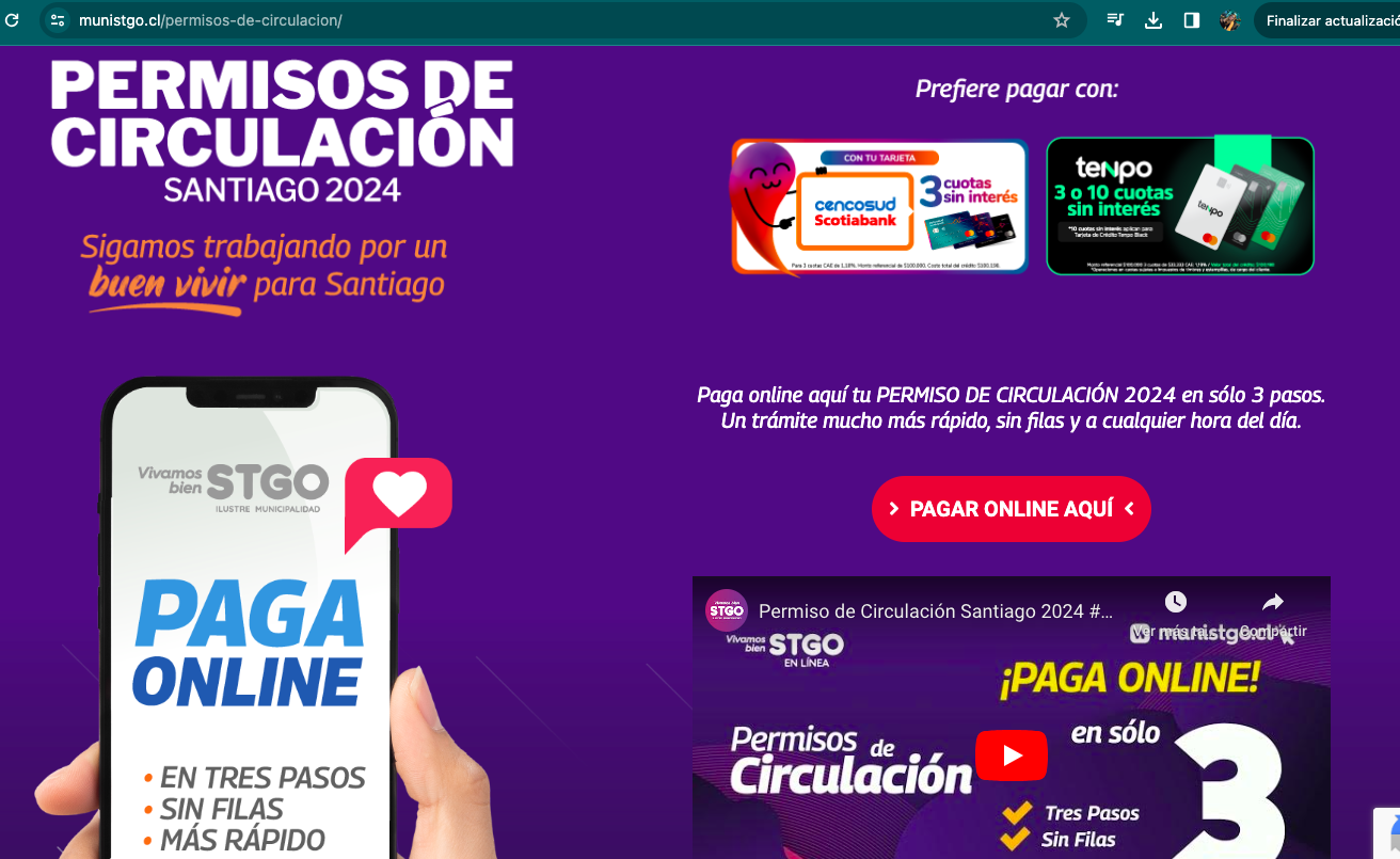 Página de la Municipalidad de Santiago por Permiso de Circulación