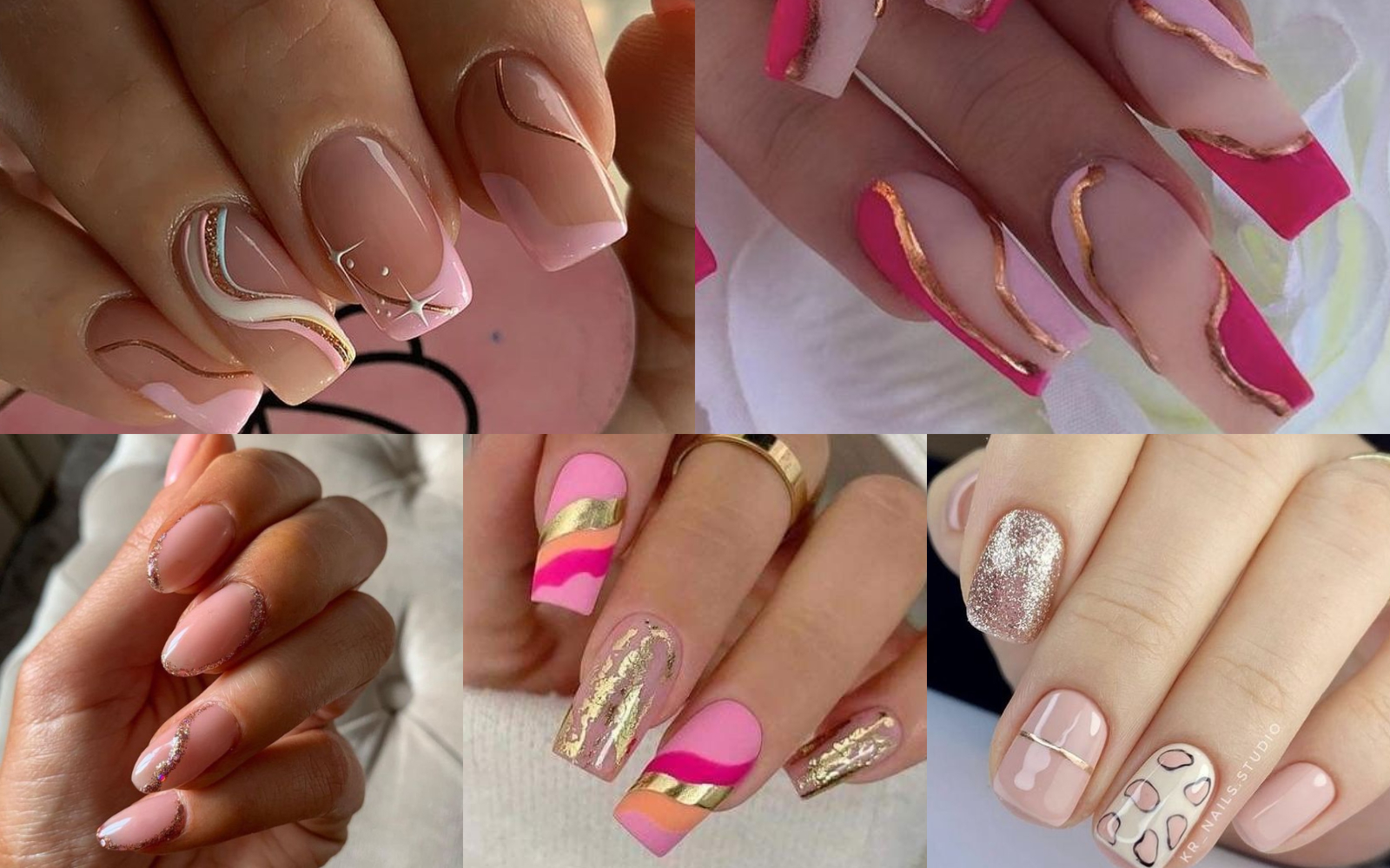 Uñas rosadas con decoración dorada 