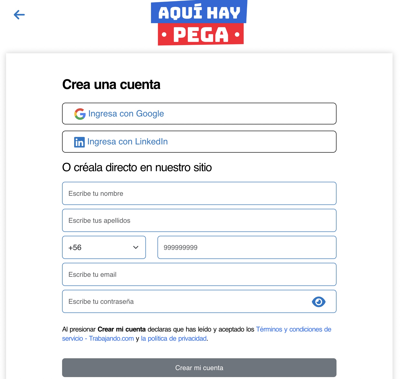 Registrarse en Aquí hay pega