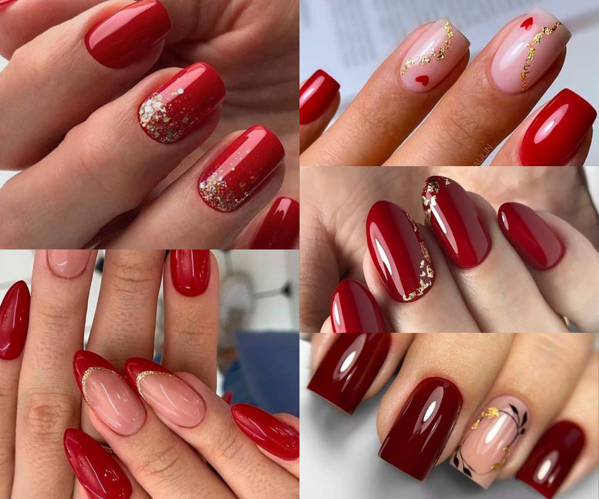 Uñas rojas con dorado 1