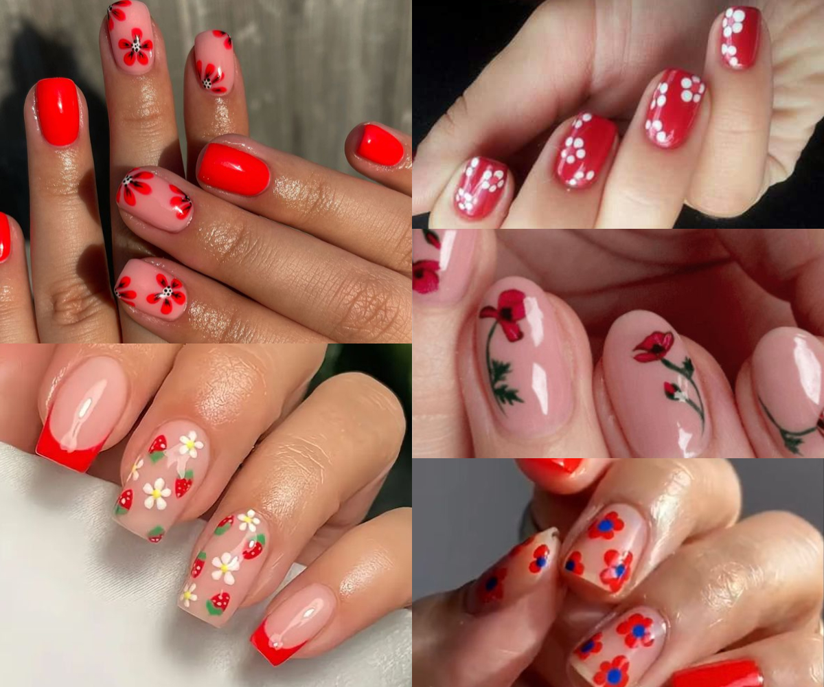 Uñas rojas con flores 3