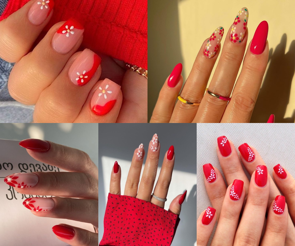 Uñas rojas con flores 4