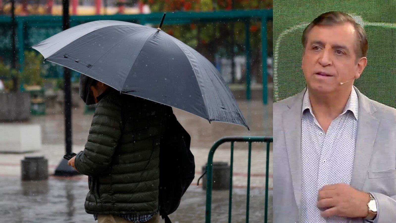 Iván Torres y lluvia en Santiago. Persona bajo la lluvia.