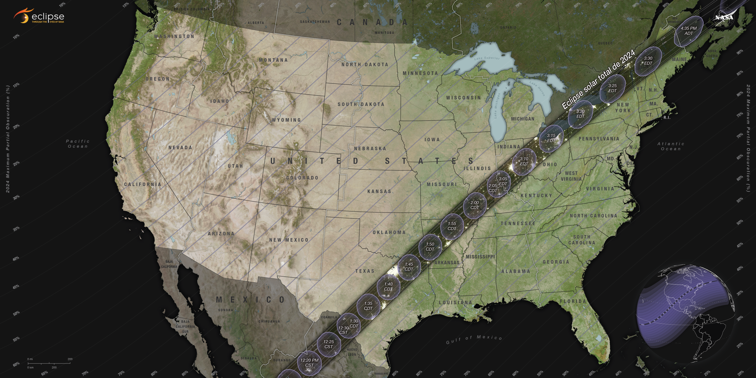 Mapa eclipse solar total 8 de abril