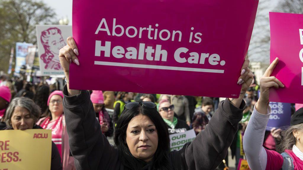 People gather to rally on broad access to the abortion pill outside the U.S. Supreme Court as justices hear oral arguments in a bid by President Joe Biden's administration to preserve broad access to abortion pill in Washington DC, United States on March 26, 2024.