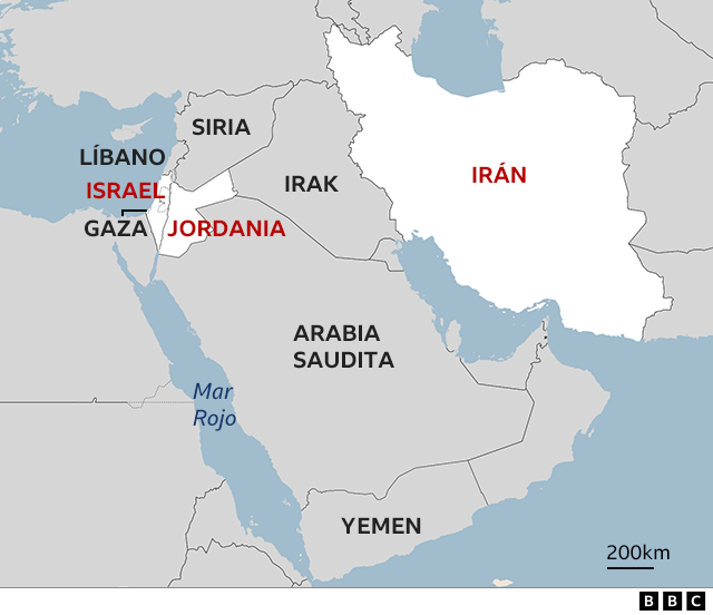 Mapa de Oriente Medio, con Jordania, Israel e irán destacados.