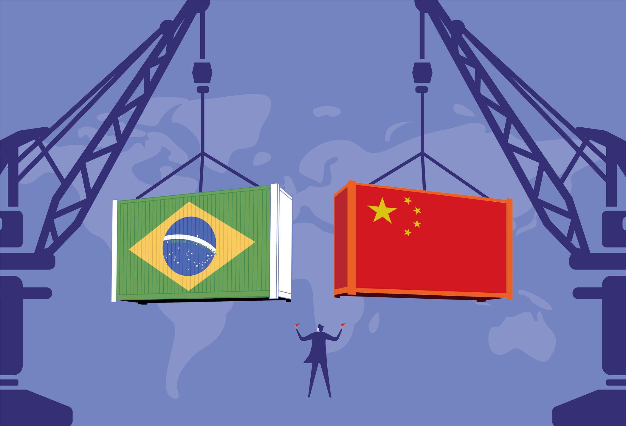 Ilustración con contenedores con las banderas de Brasil y China.