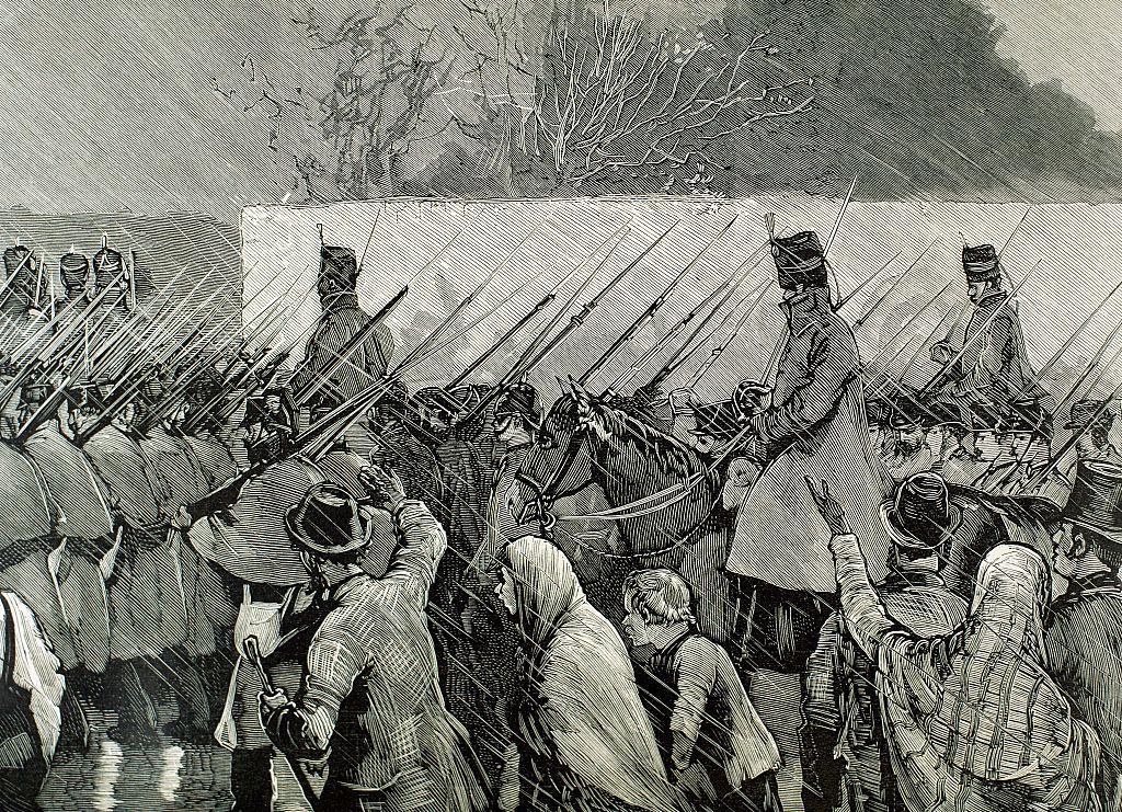 Un grabado muestra a soldados protegiendo los bienes de Boycott de los lugareños irlandeses