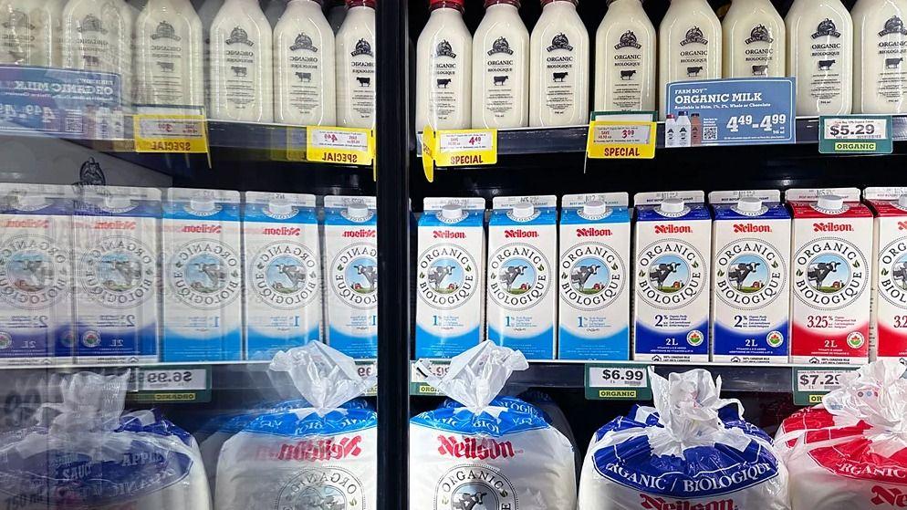 Envases de leche en un refrigerador.