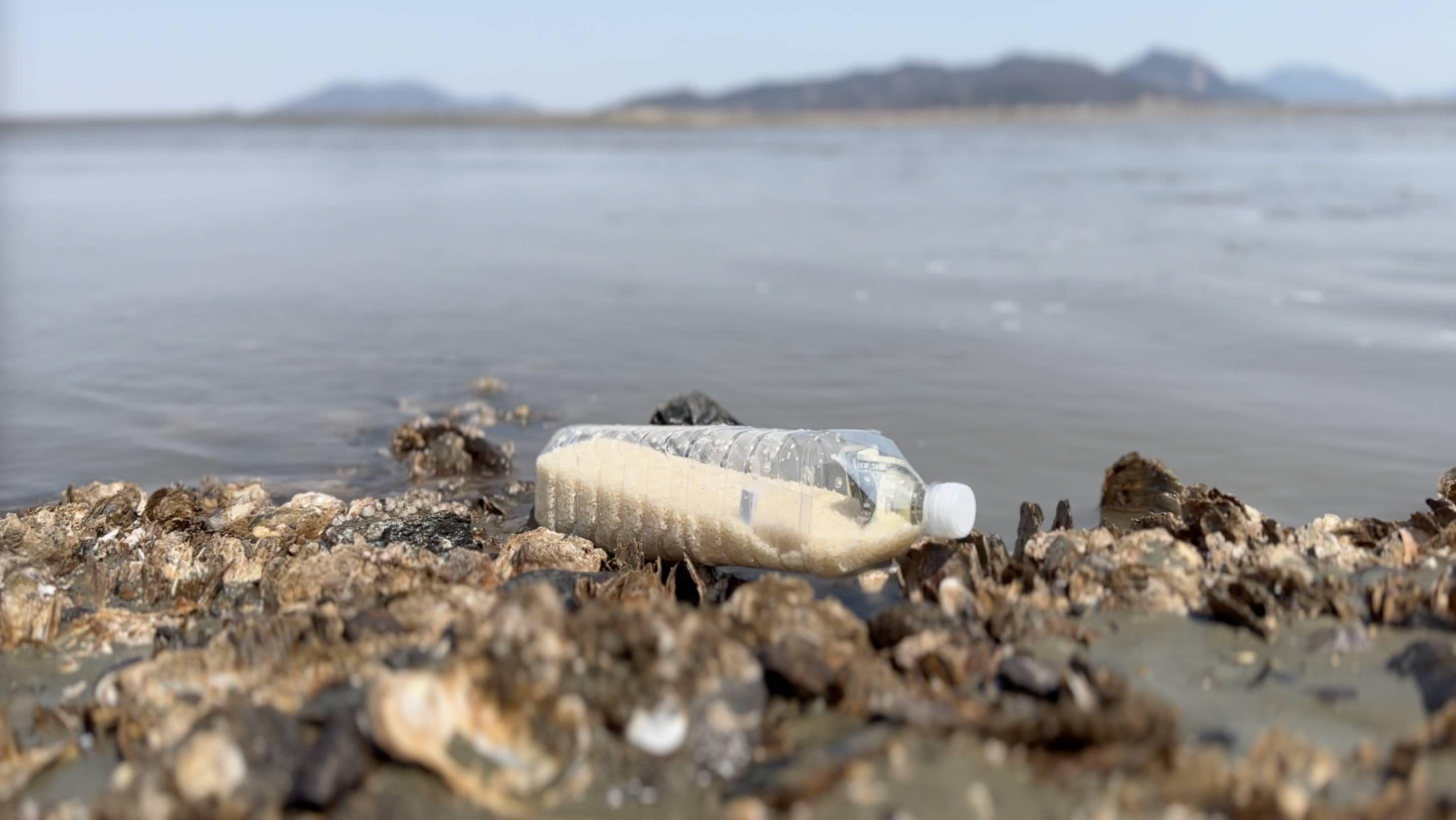 Botella con arroz en el mar