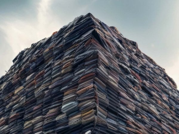 Montañas de ropa desechada en un vertedero, representando la contaminación textil en Chile, 2024.