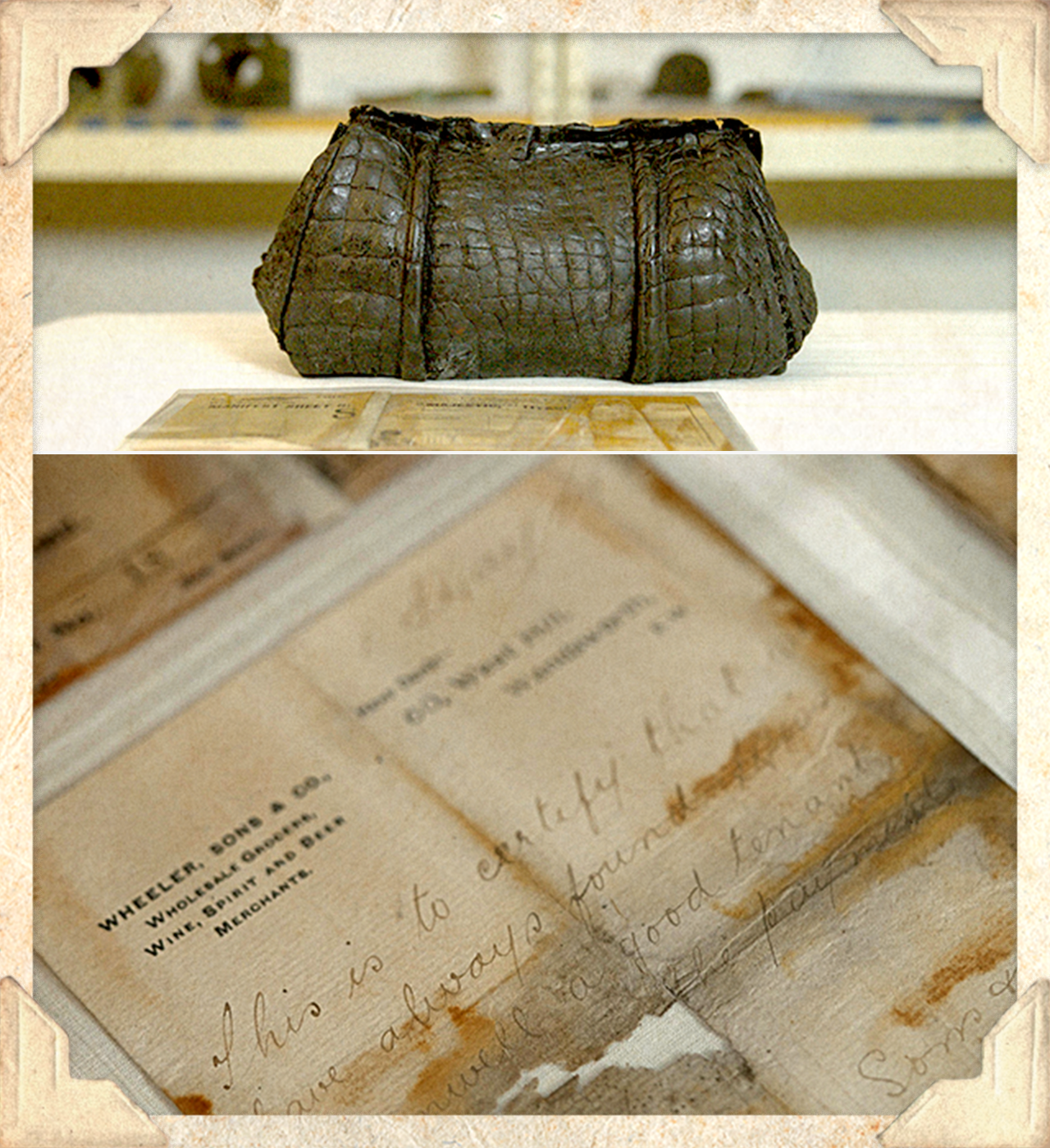 Una cartera de cocodrilo y una carta dañada por el agua, ambas propiedad de Marian Meanwell.