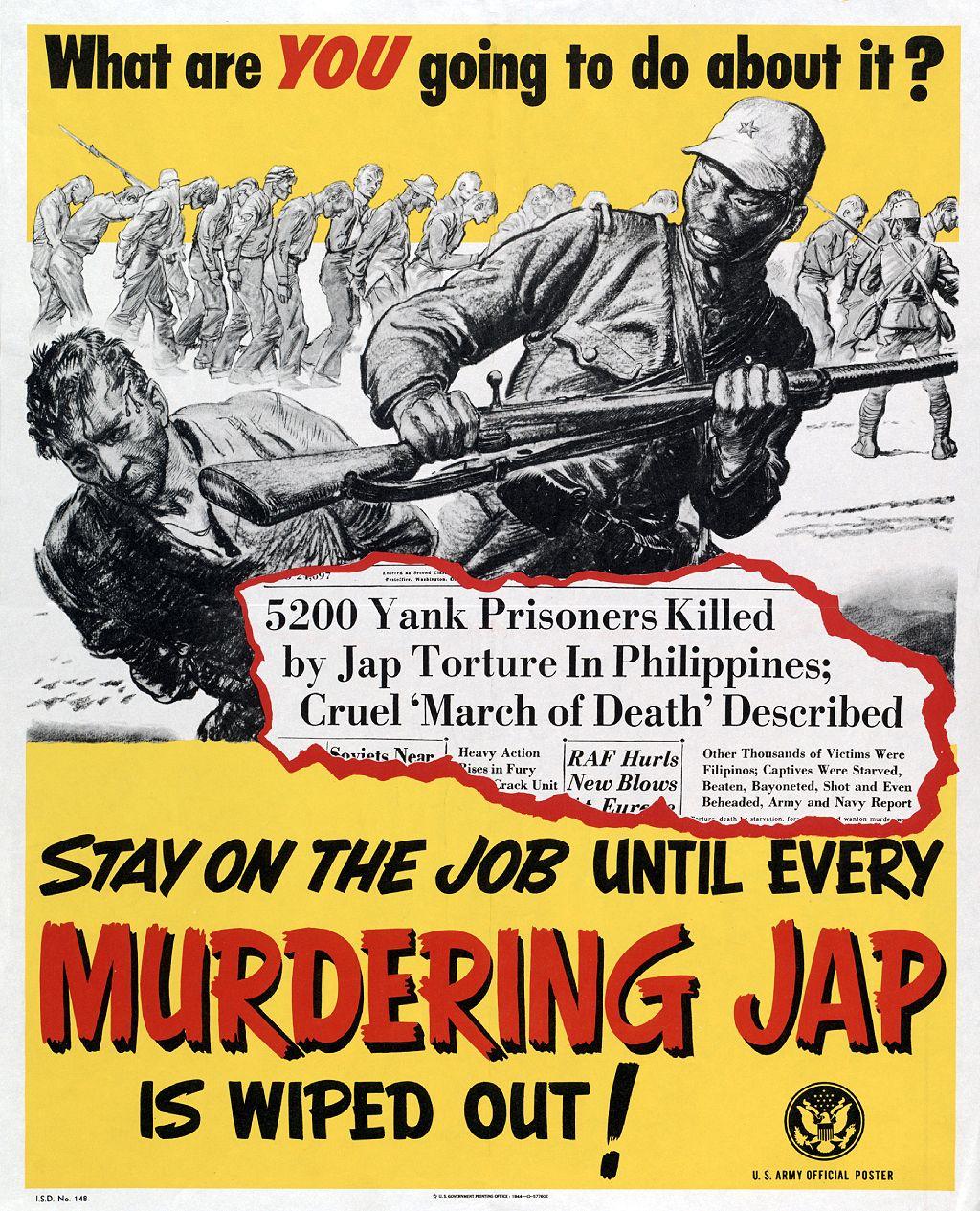 Afiche con un soldado japonés golpeando a un prisionero