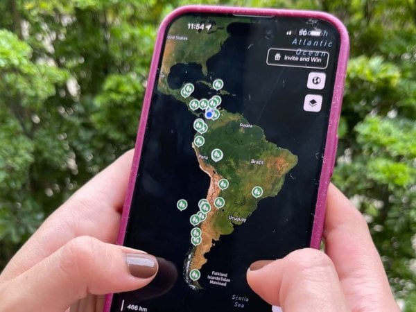 Mapa interactivo de Lemu mostrando proyectos de conservación alrededor del mundo utilizando tecnología de Google Cloud.