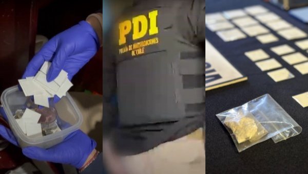 Collage de fotos del allanamiento. A la izquierda, aparece el contenedor tupperware donde la pareja acopiaba cocaína. Al centro una imagen de un detective del Equipo Territorial Cero. A la derecha, una imagen de la cocaína incautada por la PDI