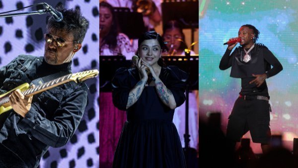 Guitarrista de Los Tres, Ángel Parra(i), Polimá Westcoast(d) y Mon Laferte(centro), integrantes del Lollapalooza Chile 2025