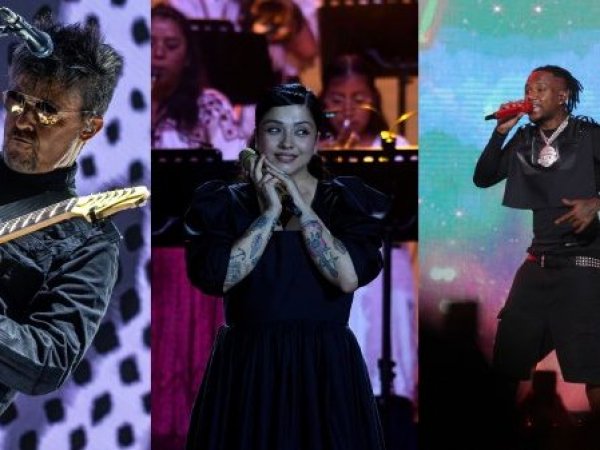 Guitarrista de Los Tres, Ángel Parra(i), Polimá Westcoast(d) y Mon Laferte(centro), integrantes del Lollapalooza Chile 2025