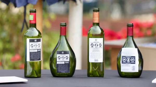 Botellas de alcohol con sellos de advertencia. Minsal