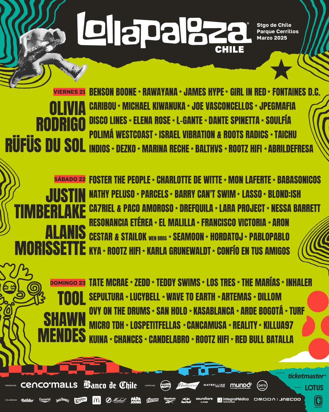 Line up Lollapalooza 2025 COMPLETA por día