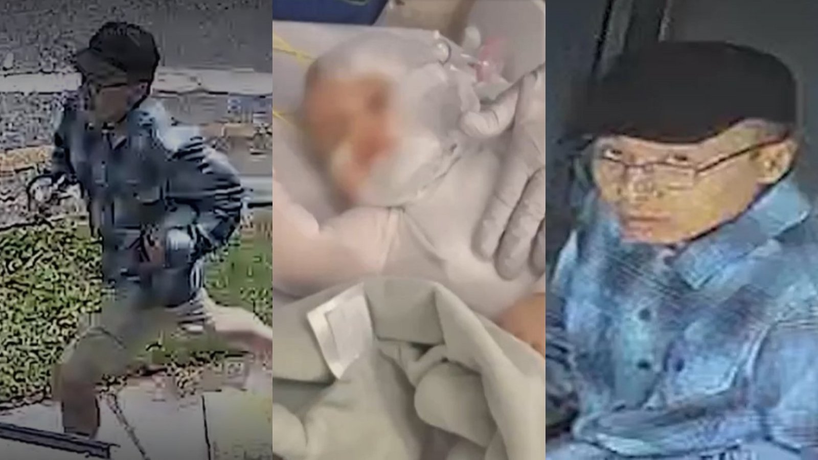 El hombre que se le acusa de quemar a un bebé, escapando(izquierda) y mirando a una cámara de tránsito(derecha). Al centro, se encuentra su víctima, un infante de nueve meses.