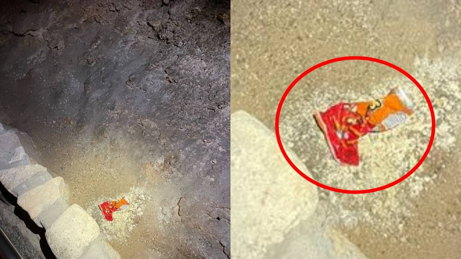 Bolsa de Cheetos tirada en el piso de las Cavernas de Carlsbad
