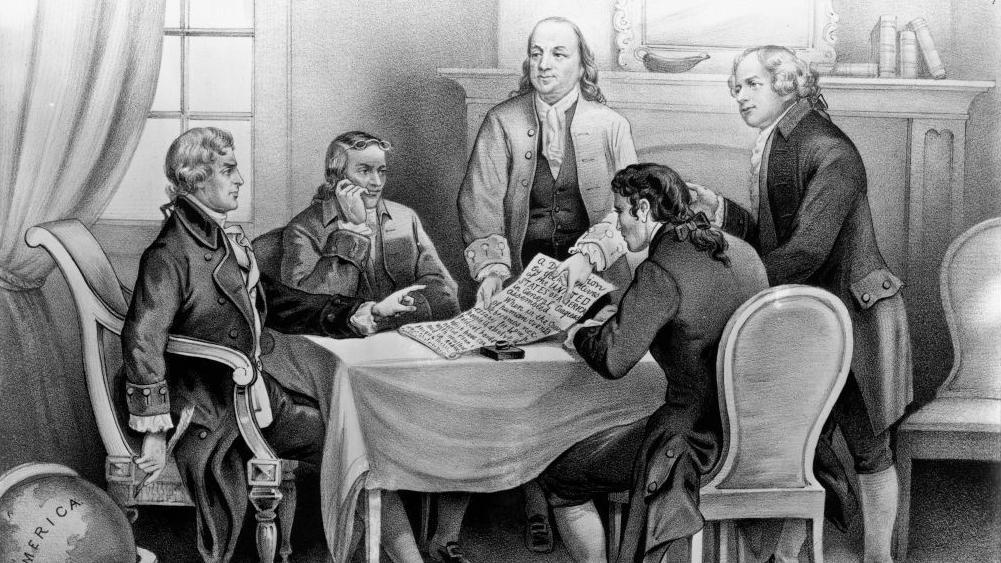 Ilustración del comité que redactó la Declaración de Independencia en 1776. De izquierda a derecha: Thomas Jefferson, Roger Sherman, Benjamin Franklin, Robert R. Livingston, y John Adams.
Ilustración original: impresa por Currier & Ives.