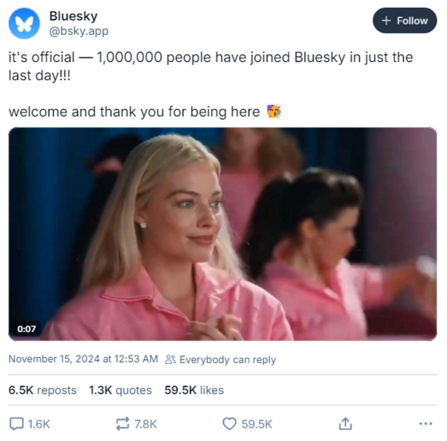Mensaje de la cuenta Blusky celebrando el millón de usuarios en la plataforma.