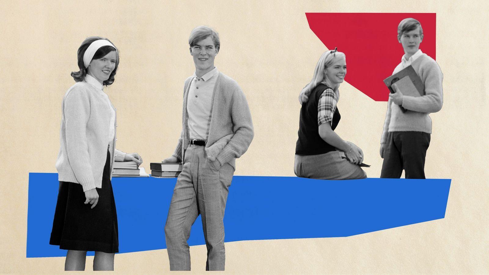 Collage de dos parejas vestidos estilo años 50.