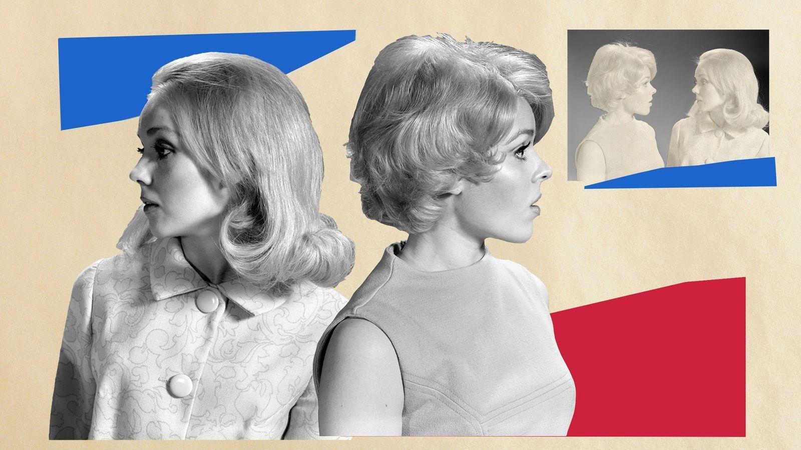 Collage de dos mujeres vestidas en estilo años 50 mirando cada una para un lado.