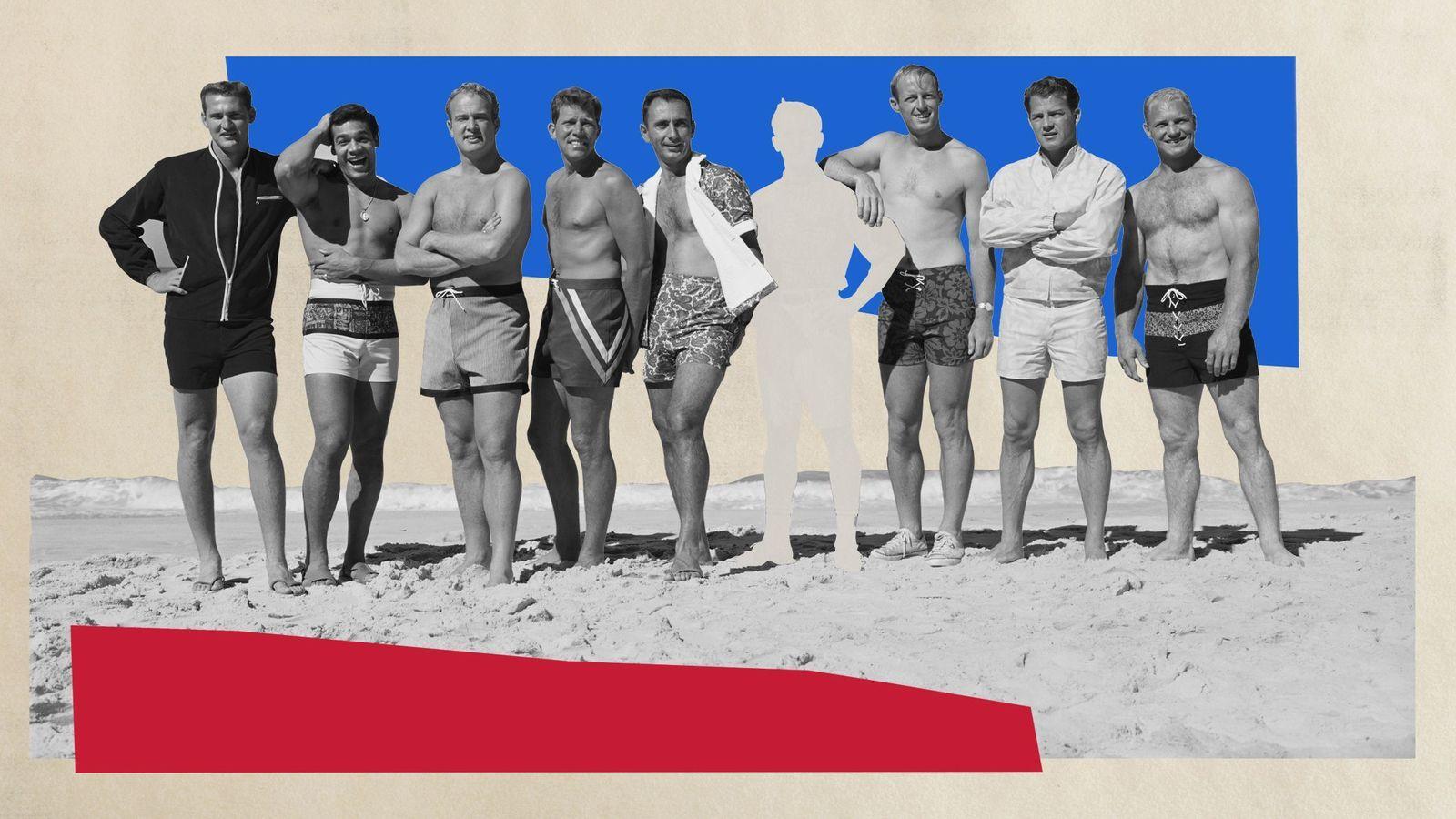 Collage de un grupo de hombres en blanco y negro en las playa, en grupo, pero con la silueta de uno de ellos, vacía, en el centro.