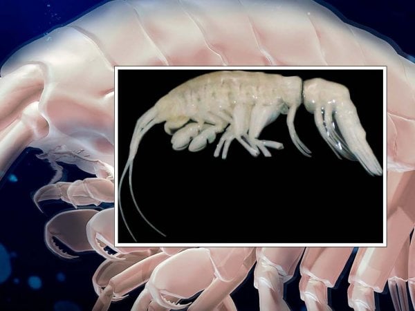 Representación e imagen de Dulcibella camanchaca, el nuevo crustáceo depredador descubierto en la Fosa de Atacama.