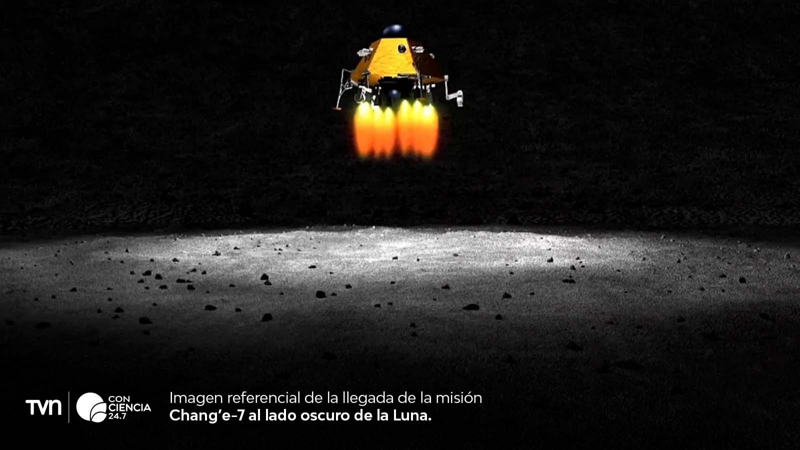 Ilustración de un robot volador explorando la superficie del polo sur de la Luna en busca de hielo.