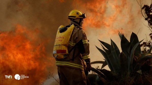 Densa nube de humo cubre un área afectada por incendios forestales en Chile.