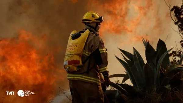 Densa nube de humo cubre un área afectada por incendios forestales en Chile.