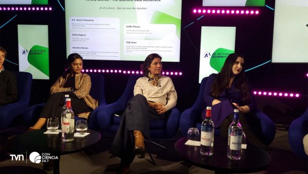 Ministra Aisén Etcheverry en la Cumbre Global de Acción de IA en París, participando en paneles sobre gobernanza y desarrollo de inteligencia artificial.