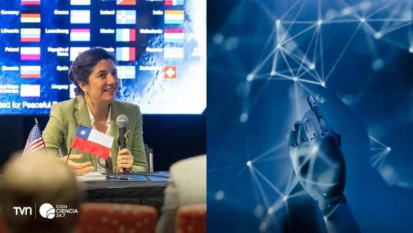 Imagen conceptual de un modelo de inteligencia artificial con Aisén Etcheverry a un lado.