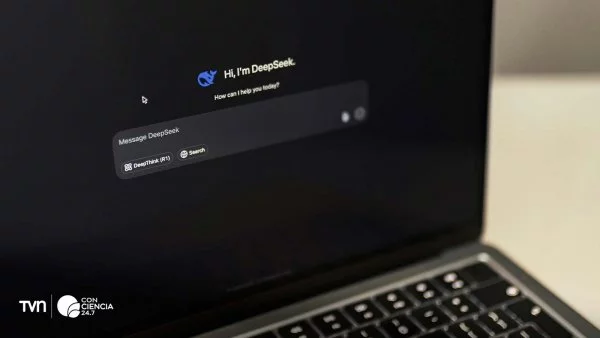 Pantalla con el logo de DeepSeek en fondo oscuro.