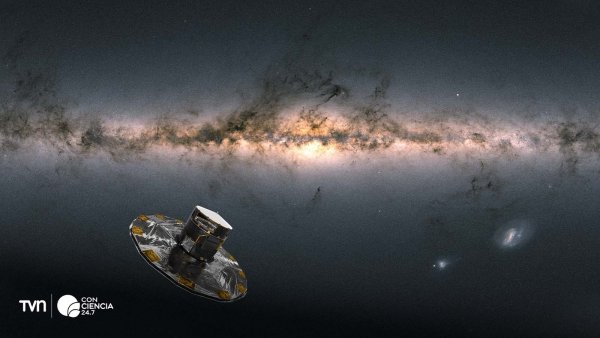 Imagen artística de la sonda Gaia flotando en el espacio frente a un fondo estrellado de la Vía Láctea.