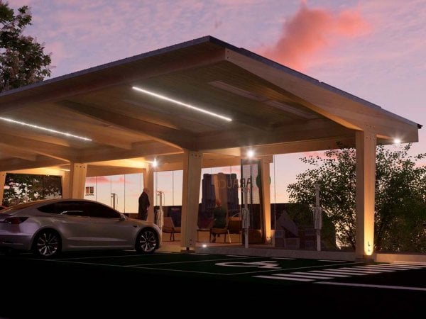 Maqueta estación solar de carga para vehículos eléctricos en la USM, con paneles fotovoltaicos y estructura de madera sustentable.